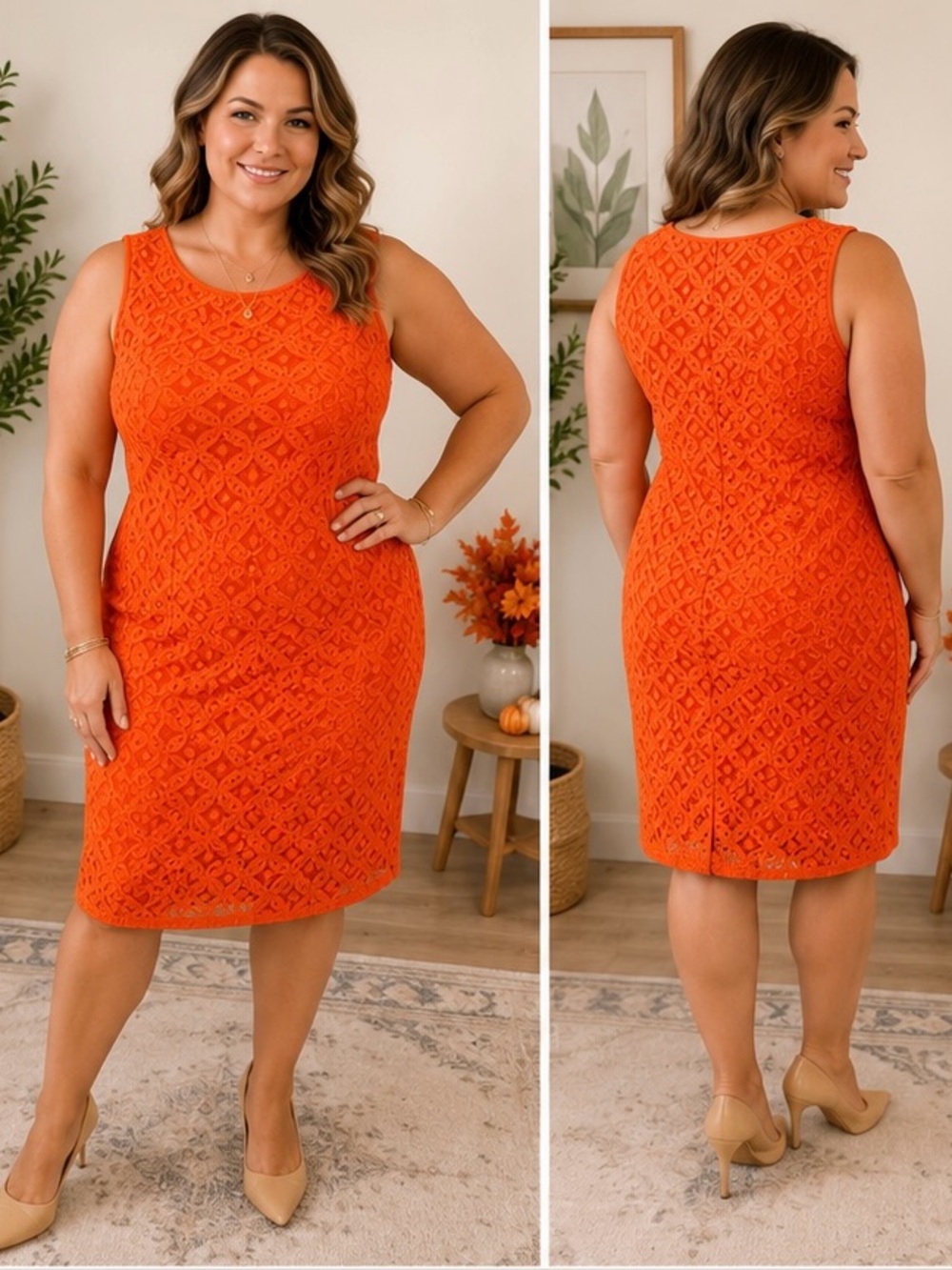 Jessica Orange Lace Sheath Dress | Size 14 | Sleeveless | Fully Lined | Elegant